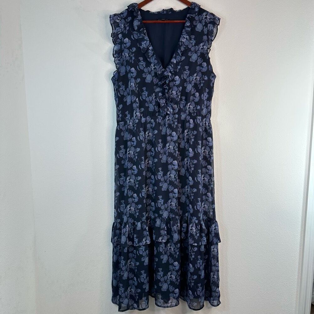 Banana Republic Blue Floral Flutter Sleeve Maxi Dress Womens XL Boho Chiffon